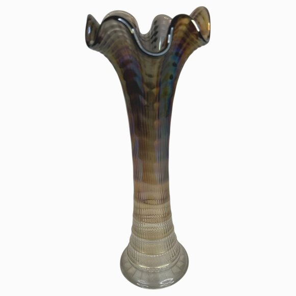 Vintage Imperial Ribbed Carnival Glass Swung Vase Iridescent Brown Purple Clear - Picture 1 of 11